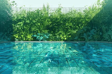 绿色墙壁的泳池插图图片