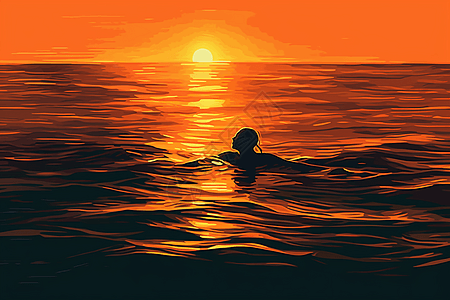 落山的太阳太阳落山时游泳插画
