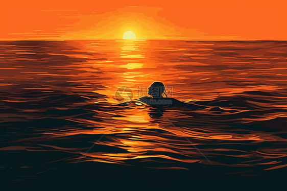 太阳落山时游泳图片
