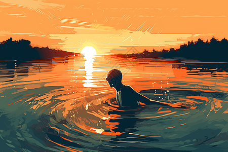 日落游泳插图图片