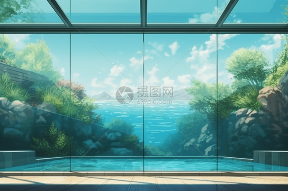 玻璃墙的泳池插图图片
