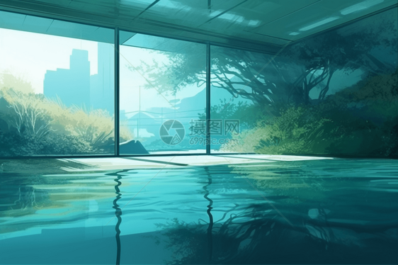 玻璃墙的游泳池图片