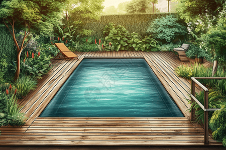 甲板和花园的游泳池图片