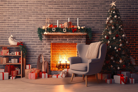 公寓壁炉旁的圣诞树图片