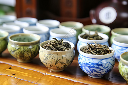茶具里的新鲜茶叶背景图片