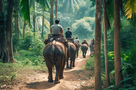 热带森林中大象和男性图片