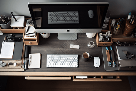 办公桌文具电脑整齐的办公桌背景