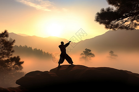 松树剪影男人站在日出的山脉背景