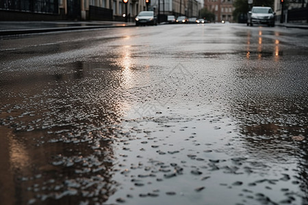 城市雨天沥青路面的水坑图片