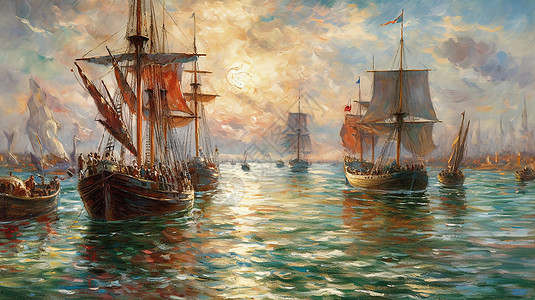 一幅停靠在水中的几艘船的画作背景图片