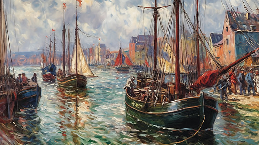 一幅停靠在港口的船只画作背景图片