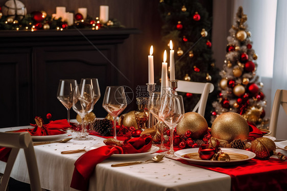 配着燃烧的蜡烛和圣诞装饰晚宴场景图片