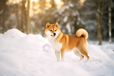 秋田犬在雪地里玩耍高清图片