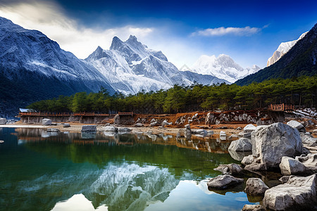 黄月云南丽江玉龙雪山蓝月潭背景