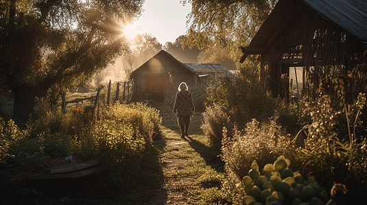 夕阳下的女性背影夕阳下的草药农村背景