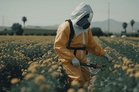 穿着防护服的工人使用杀虫剂喷洒植物图片