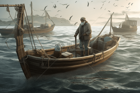 渔夫在渔船上图片