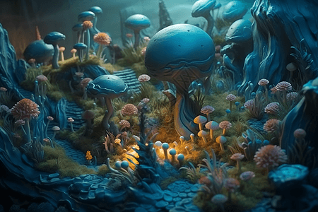 梦幻蘑菇制作梦幻神奇的植物3D粘土景观背景