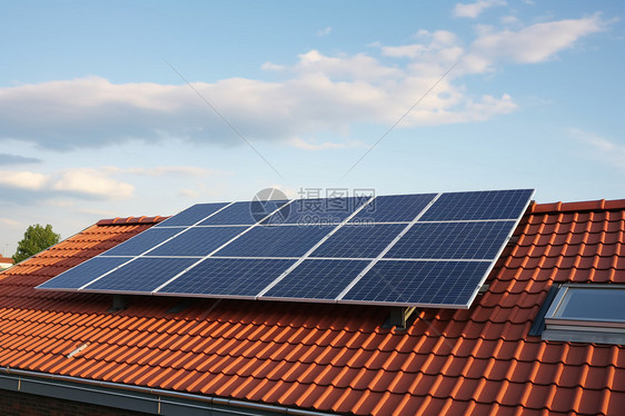 瓦房上的太阳能电池板图片
