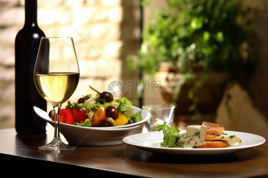 沙拉和白葡萄酒图片