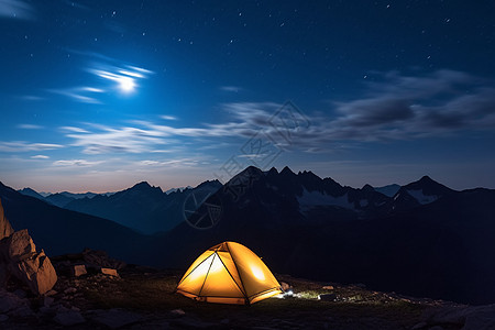 夜间帐篷夜间山中露营场景背景