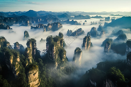 云海中的高山绿树图片