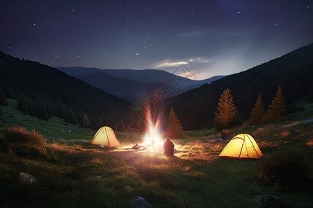 帐篷 夜景山间的篝火背景