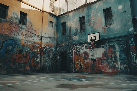 篮球场涂鸦街头的蓝球场背景