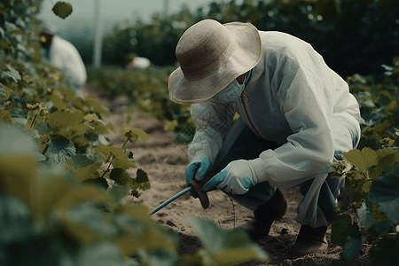 农民小心的将农药施用到单个植物上图片