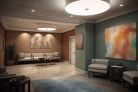 疼痛诊所: 一幅疼痛诊所的画，用平静和舒缓的颜色捕捉空间的治疗和支持气氛。，高清图片