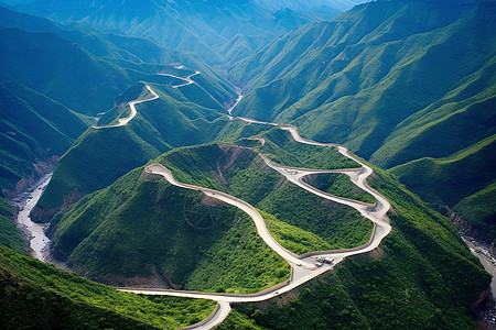 山路俯视俯视S形道路美景道路背景