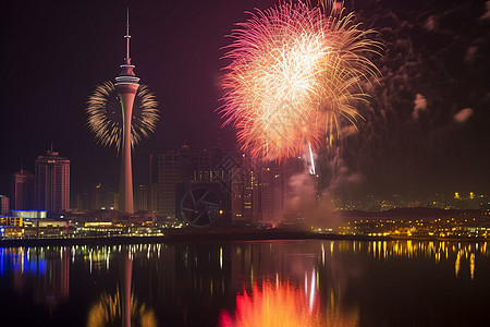 城市上空燃放的美丽烟花背景图片