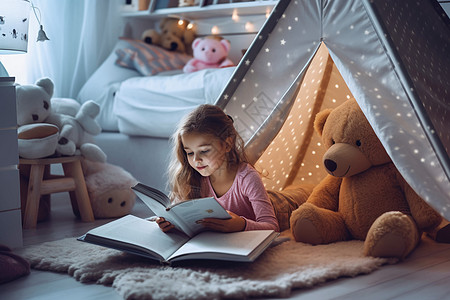儿童卧室帐篷里看书的小女孩背景