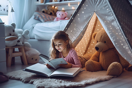 帐篷里看书的小女孩图片
