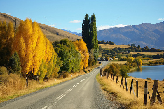 秋季乡村道路和两边的树木图片