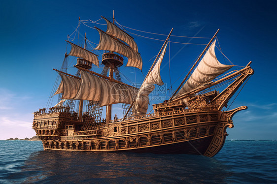 古老的木制帆船在海水上航行图片