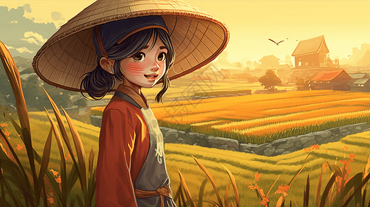 一个穿着中国传统服装在农田里的小女孩图片