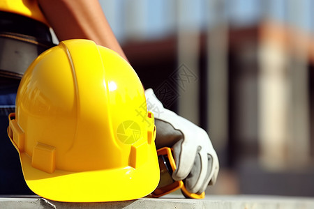黄色工人带黄色头盔和工作的建筑工地背景
