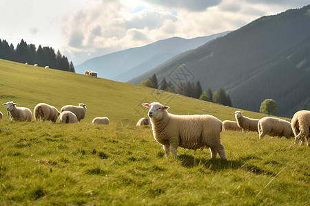 青草山脉上的绵羊背景图片