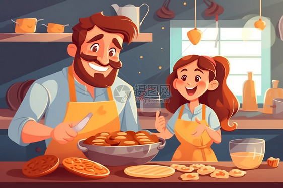 父亲和女儿在厨房里一起烘烤饼干图片