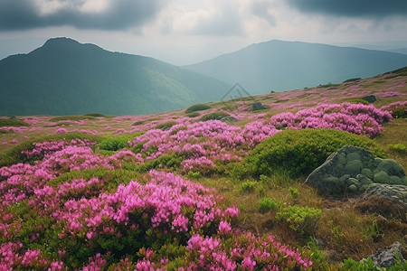 山地景观与一大片粉红色的杜鹃花图片