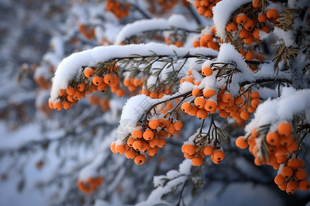 冬天沙棘枝和雪背景图片