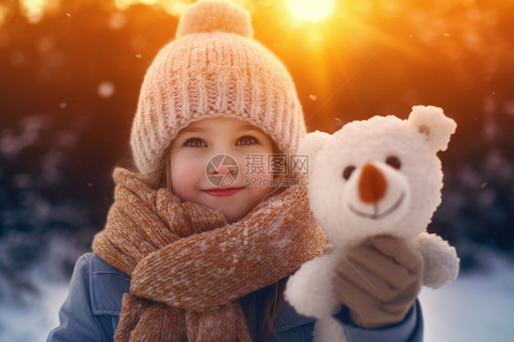 冬天户外戴着帽子的小女孩图片