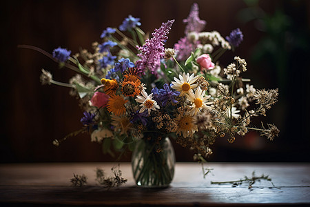 木桌上的一束野花图片
