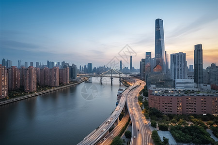 城市高速落日时分的城市景观背景