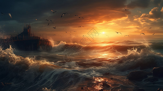日落时的海面图片