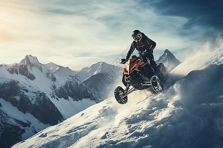 雪山中驾驶的雪地摩托高清图片