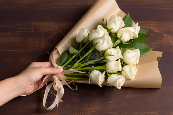 木桌上的白玫瑰花束图片