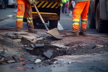 道路工人在道路施工图片