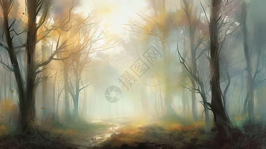 黎明时迷雾森林的插画图片